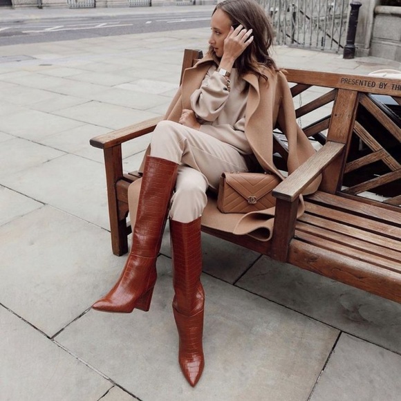 Women’s Croc Embossed Chunky Block Heel Brown Tall Boots Size 38 Fits Size 8 NEW - Picture 2 of 12